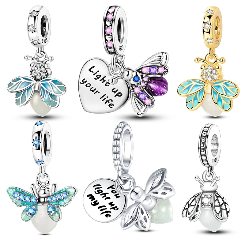 Berloques e Anéis de Prata 925 Originais que Brilham no Escuro com Design de Vaga-lume, Compatíveis com Pulseiras e Colares de 3mm para Mulheres, Presentes de Joias de Luxo DIY