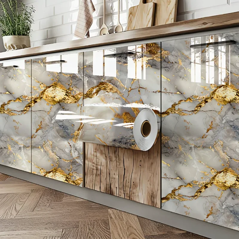 Luxury Gold Inlay Marble Vinyl Self Adhesive Wallpaper Waterproof Anti-il Wall Sticker For Kitchen Counter Bathroom Decor.