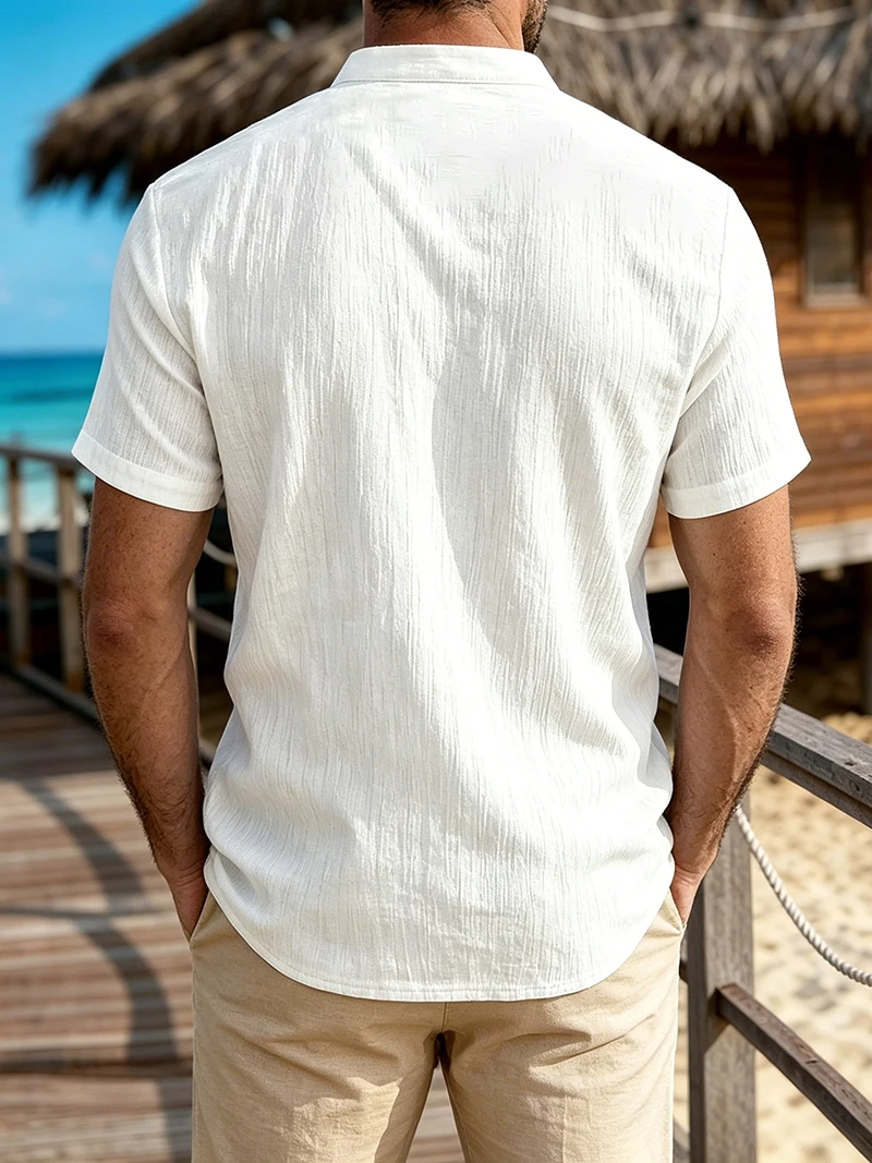2026 Neues Herren Kurzarm Henley-Shirt mit Stehkragen und Tasche, Locker Geschnitten, Sommer Strand Alltags-Freizeitoberteil – Detail 6