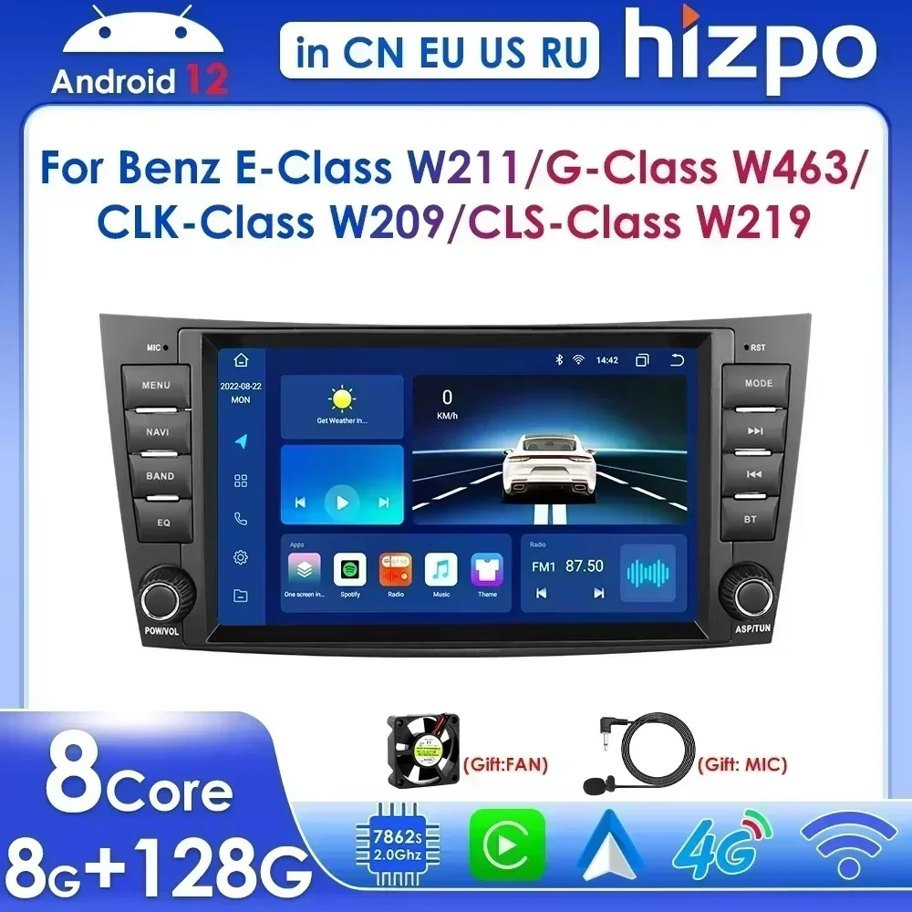 Hizpo 8" 2 Din Car Radio Carplay for Mercedes-Benz E-class W211 GLS W219 W209 W463 Android 13 Multimedia Player GPS RDS FM BT 4G