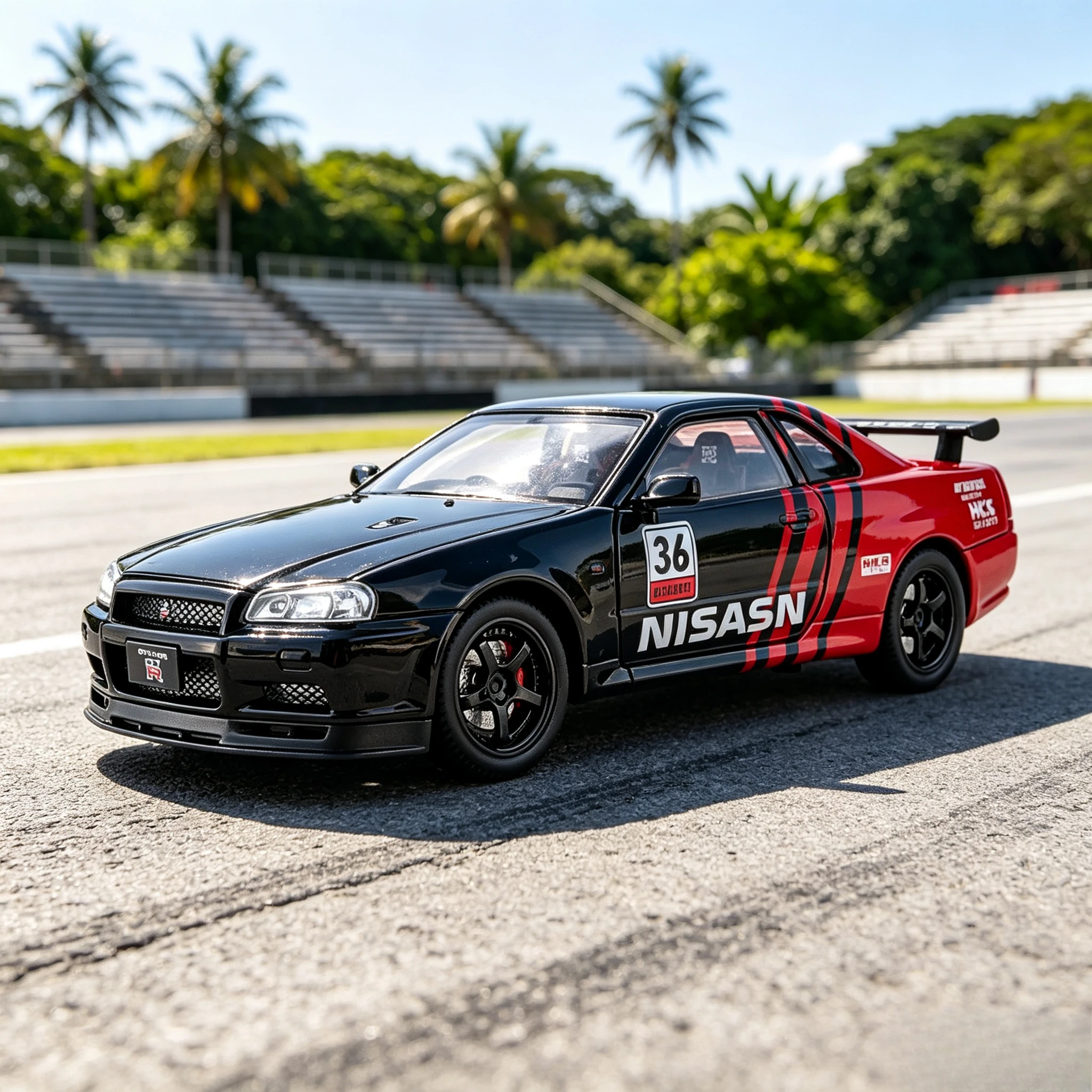 1:24 GTR R34 Car Model Toy Light Sound Pull Back Doors Opened Miniature Streetcar Models Collectible