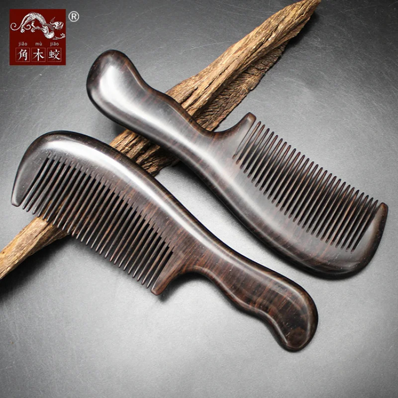 Ebony black sandalwood comb with fine teeth and solid wood handle