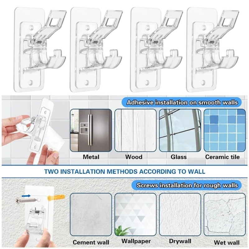 1Pair SelfAdhesive Hook Punchfree Curtain Rod Clip Hook Shower Curtain Rod Hanging Holder Home Fixed Clip Hanging Hook Dropship