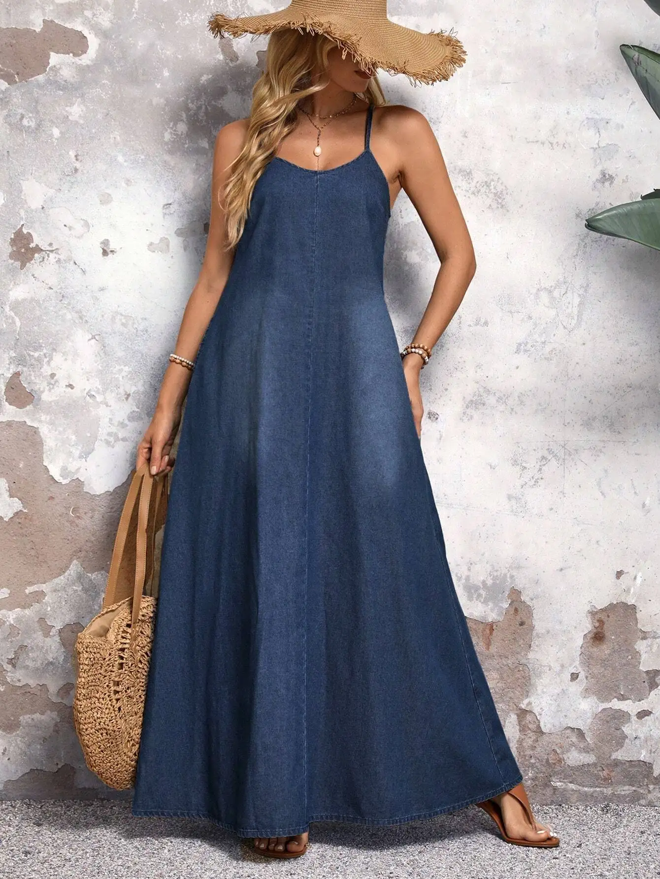 

Summer Solid Color Denim Sleeveless Casual Maxi Dress