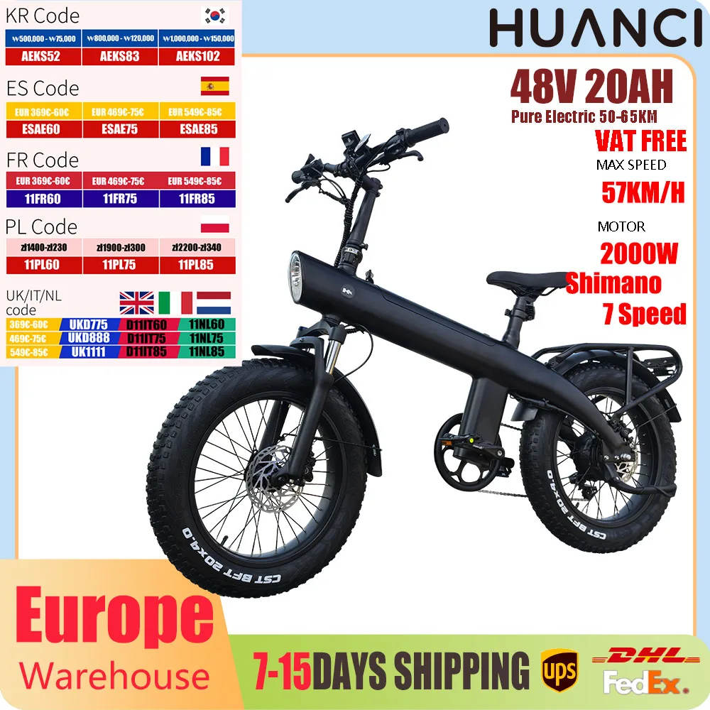 

HX Q3 2000W Adult Electric Bicycle 48V 20A E Bike Removable Battery Foldable Ebike 20 inch fat tire Electric Bike