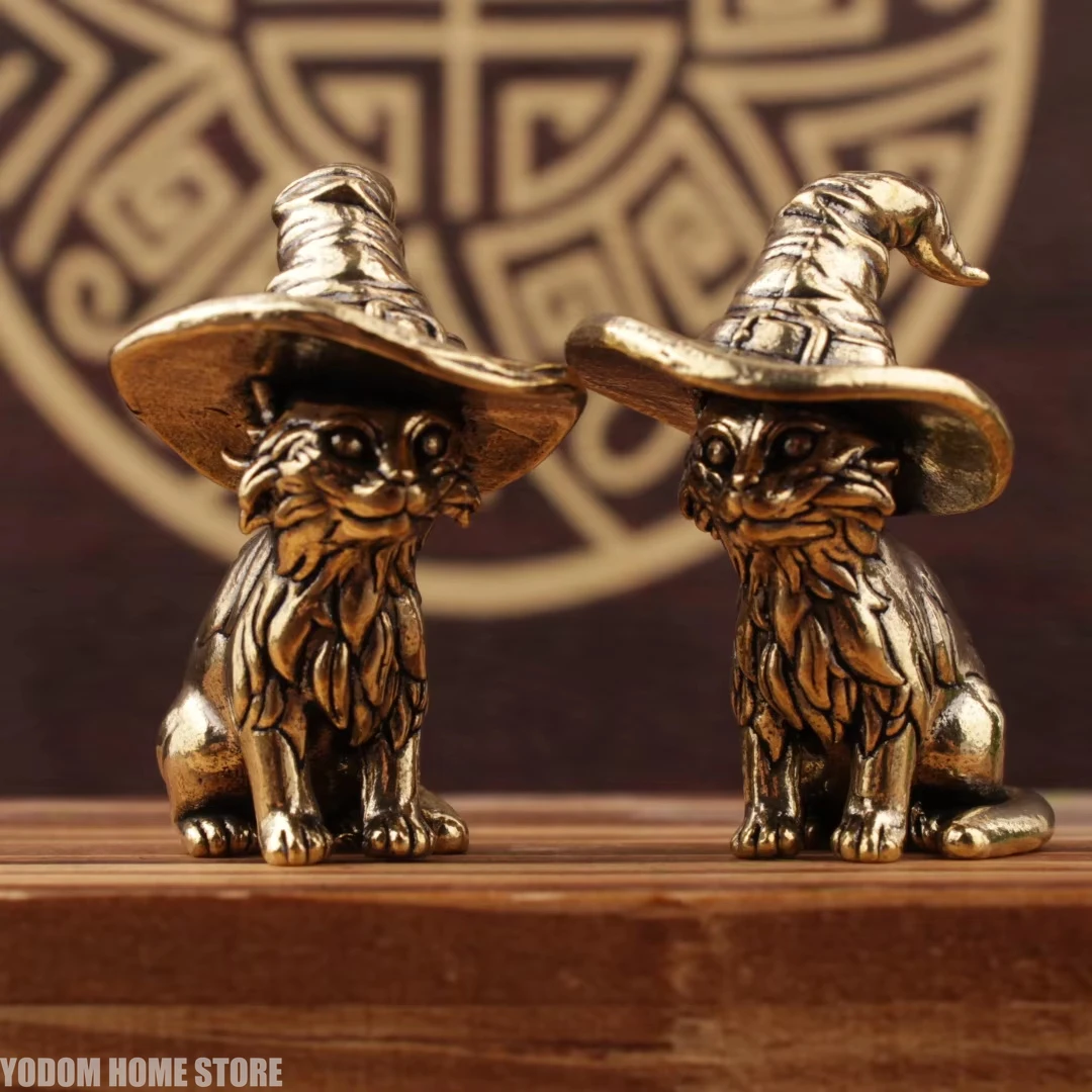 Cute Sorcerer Cat Small Statue Creative - Solid Brass Childish Animal Kitten Figurine Ornaments