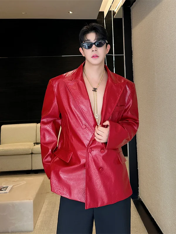 

Faionable PU Leather Jaet Men's oulder Padded Suit Outerwear Sli Urban Design Trendy Brand Straight Cut Biker Sle