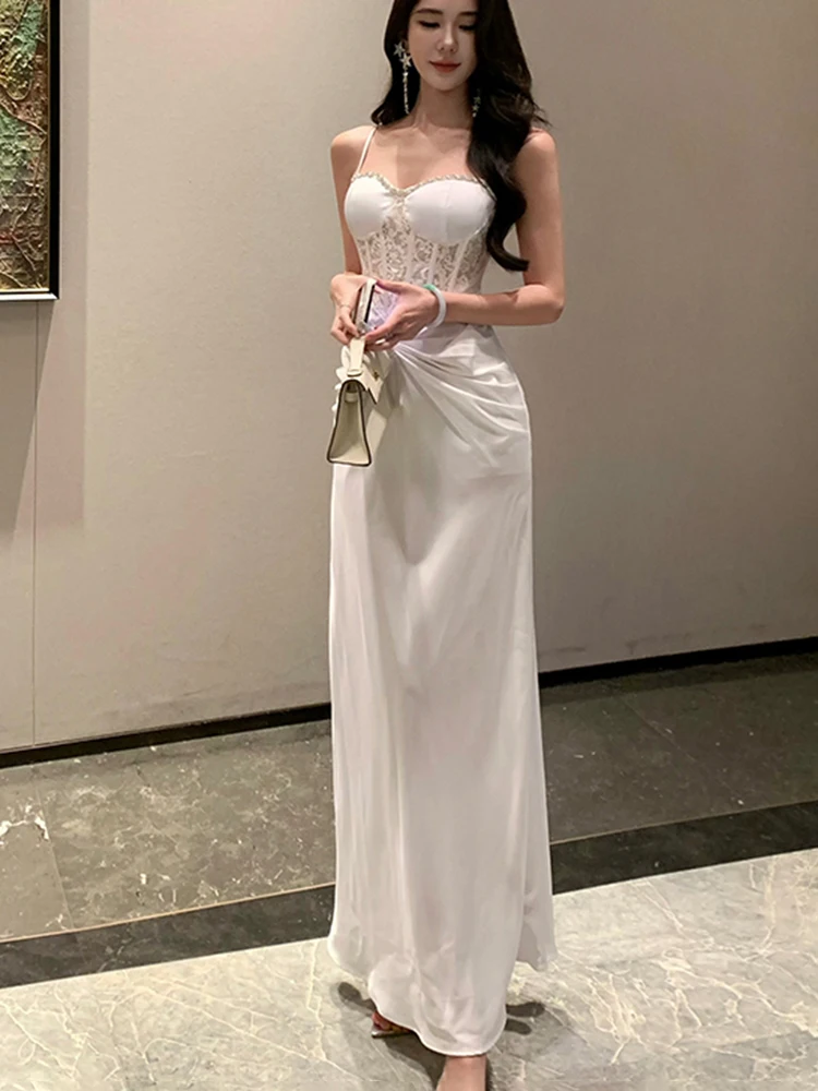 

Lace Strapless Long Dress Women Sleeveless Camisole French Elegant Dress Solid A Line Dinner Night Fashion Simple Vestidos New