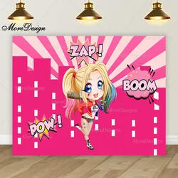 Cartoon Harley Quinn Photo Backdrop Kids Birthday Party Pink Building Vinyl Polyester Fabric Photo Background Baby Shower Banner