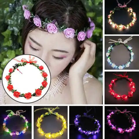 Wedding Party Crown Flower Headband LED Light Wreath Garland Decoration Women Girl Birthday Favor Luminous Hair Garland Hairband