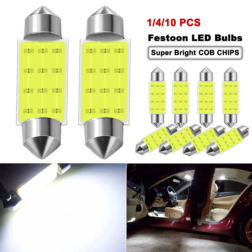 1/4/10 PCS Car Interior Dome Light Festoon LED Bulb COB 31mm 36mm 39mm 41mm 7000K White Super Bright Trunk License Plate Lamps