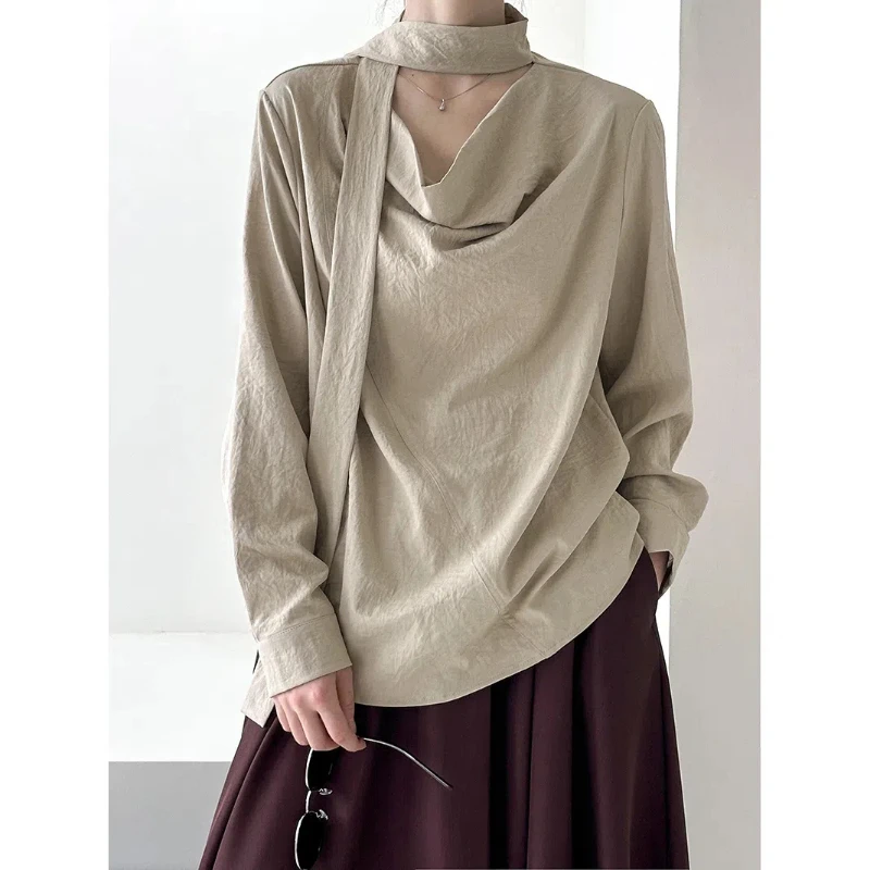Women Clothing Spring Autumn Vintage Loose Pleated Blouse Long Sleeve Solid Simplicity Elegant Shirt Tops Temperament Fashion