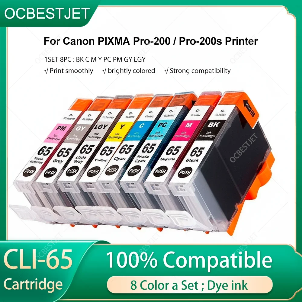 For Canon CLI 65 CLI-65 Ink Cartridges for Canon PIXMA PRO200 PRO200S PRO-200 Printer Dye Ink 1SET 8 Color Compatible Ink
