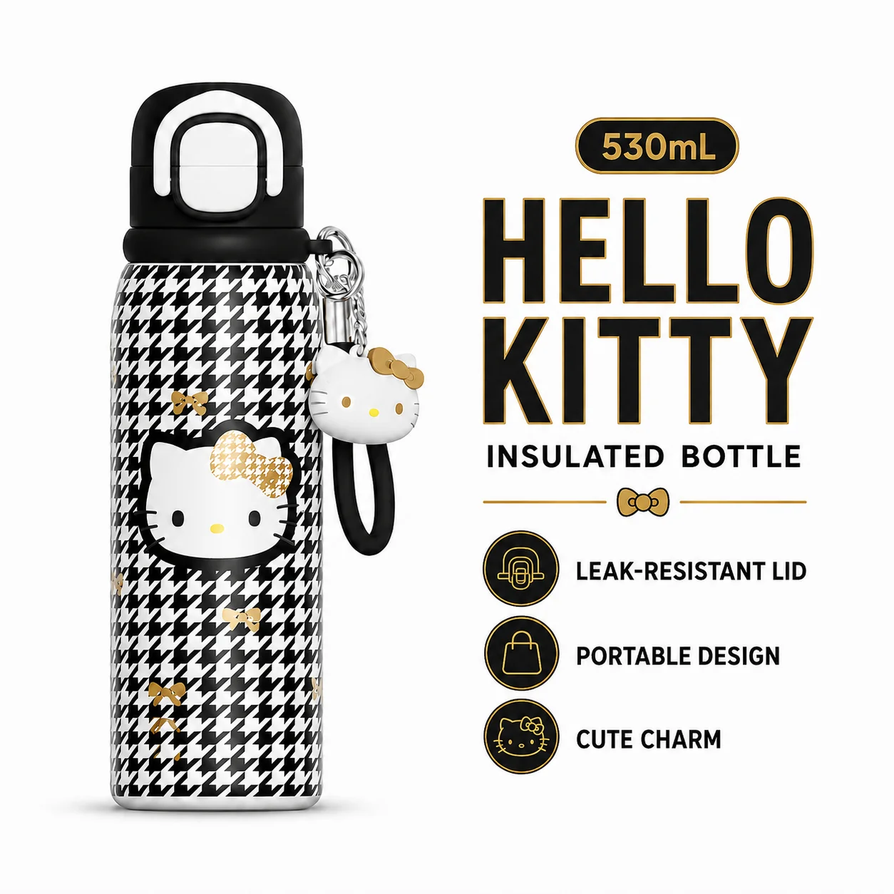 Sanrio Hello Kitty 530ml Dual Drink Insulated Water Bottle 316 Steel Travel Tumbler with Cute Charm Portable Hot Cold Cup