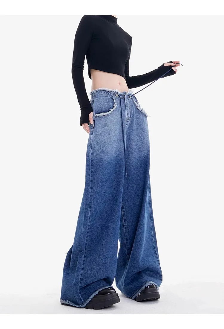 

Gradient Blue Vintage Wide Leg Jeans Fashion Baggy High Waist Straight Pants High Street Mopping Denim Trouser Autumn Ladies Y2K