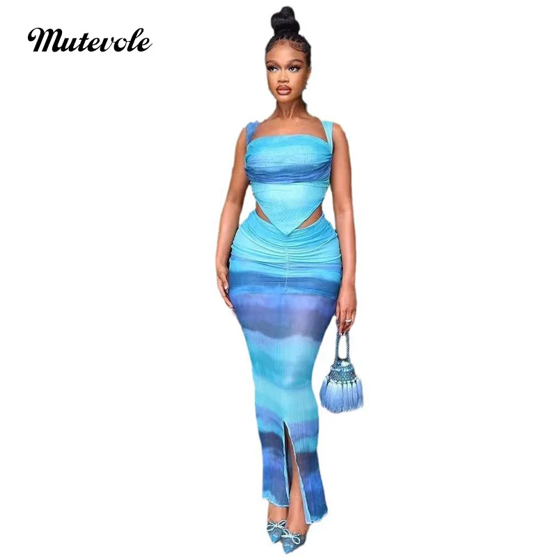 

Mutevole Two Piece Skirt Outfits Women Bandage Spaghetti Strap Crop Top Sexy Print Ruched Long Skirt Set