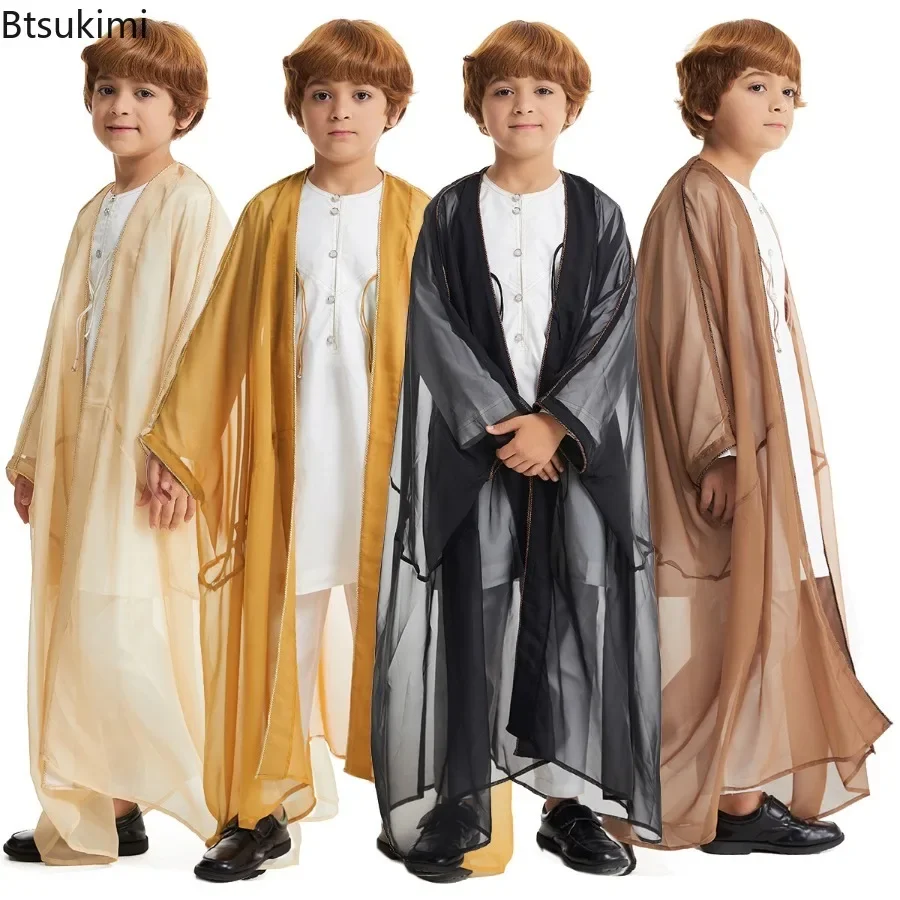 Abaya Fashion Muslim Lebaran untuk anak-anak gaun doa anak laki-laki Arab Saudi longgar Kimono Kaftan terbuka Abaya Dubai pakaian Islami jubah anak