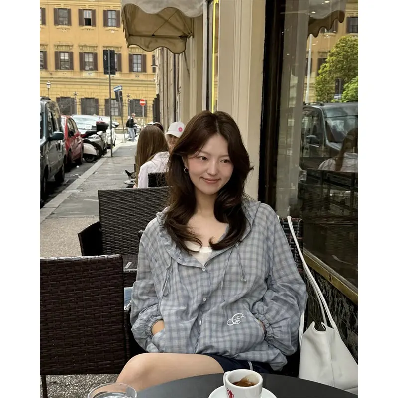 

East Gate 25 Early Autumn Fre Plaid Hooded Lightweight Sun Protection irt Women Casual Loose Fit Long Sve Breathable S...