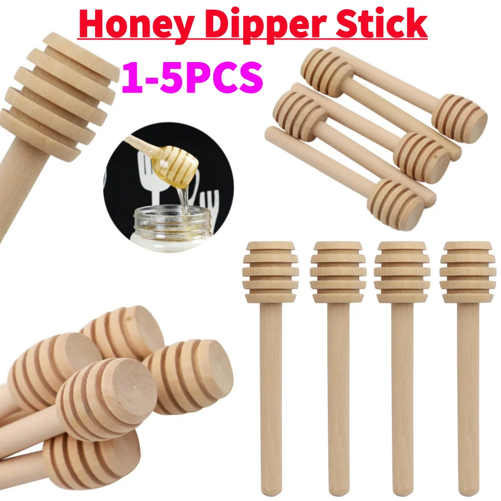 1-5Pcs Honey Dipper Stick Long Handle Wood Honey Mixer Stir Practical Bar Spoon Dispense Drizzle Honey Mixing Stick Kitchen Tool