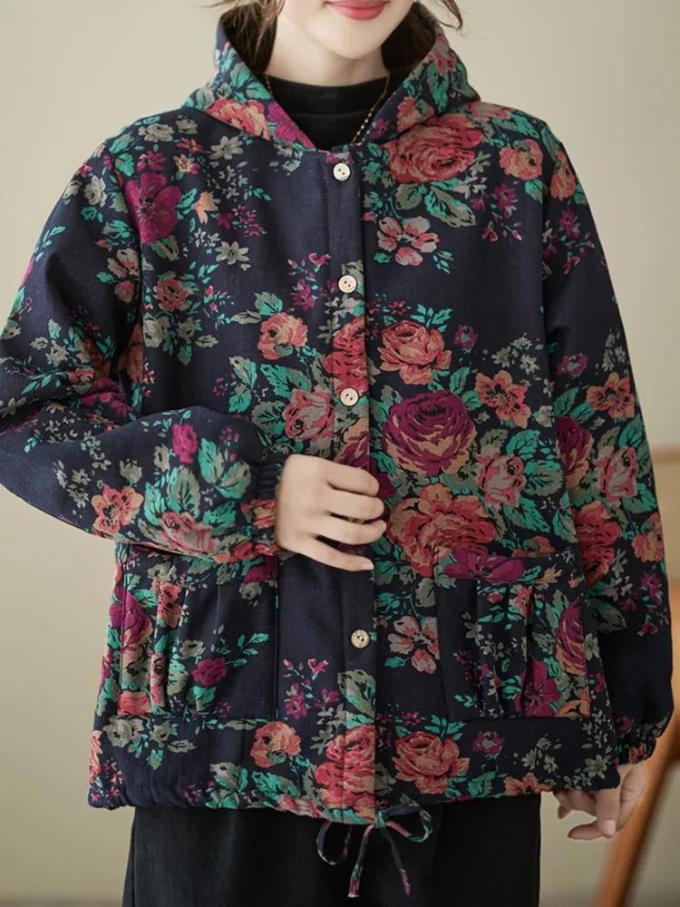 Herbst Winter Blume Floral Print Mit Kapuze Mantel Frauen Langarm Casual Mode Damen Jacken Lose Übergroßen Frau Jacken Mantel