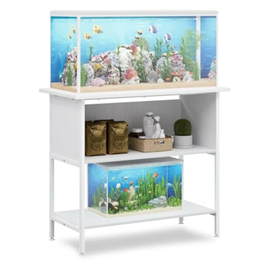 Aquarium stand for living room and office use, heavy duty metal frame, white, 40-50 gallon capacity with 3-tier storage shelf