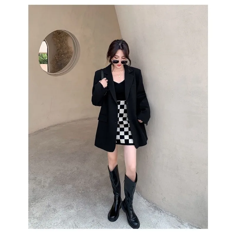 Womens Black Oversized Blazer Back Split Long Sleeve Single Breasted Casual Loose Fit Jacket