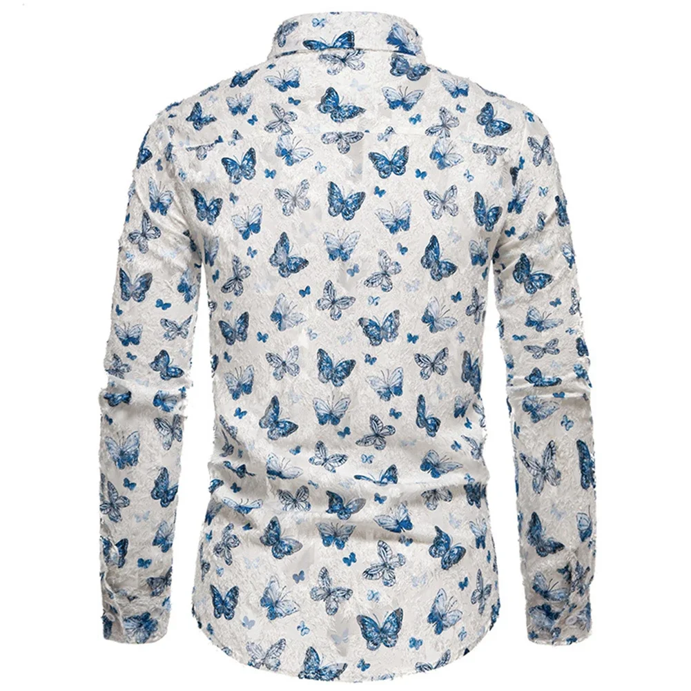 

Casual Spring Autumn Top 2XL Butterfly Print Shirt Brand New Condition Lapel Neckline Long Sleeve Design For Men