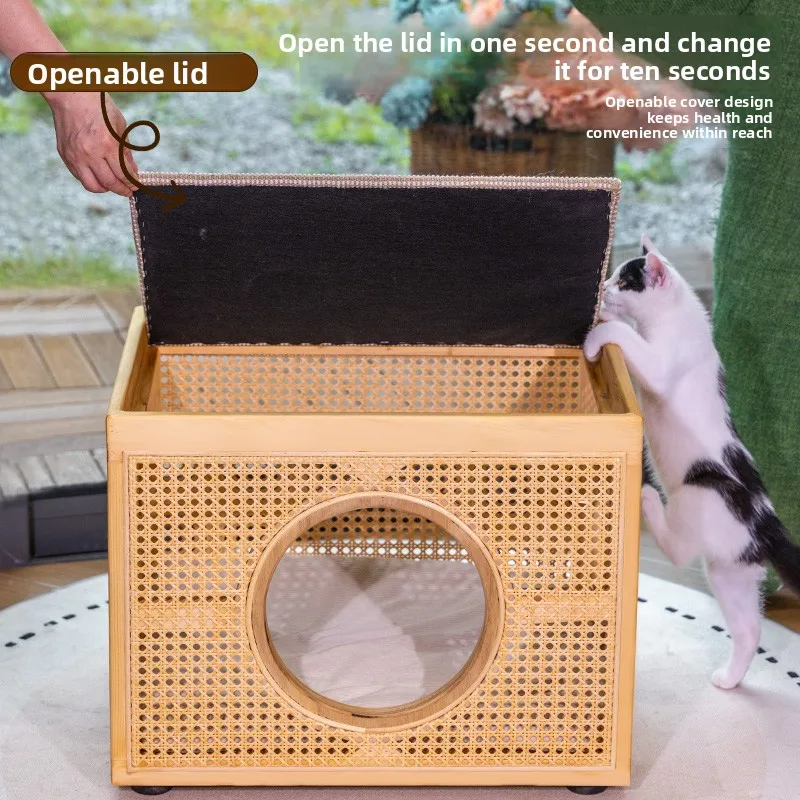 

Handwoven Rattan Cats House 2-Tier Tunnel Bed Large Breathable Pet Furniture Natural Solid Wood Cat Cave for Indoor Playing