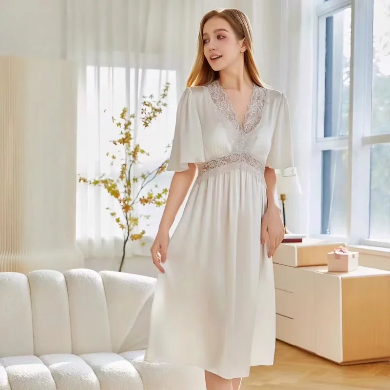 

19 мм 100% шелковые ночные рубашки с короткими рукавами, пижамы с бюстгальтером, летние прозрачные кружевные сексуальные женские ночные рубашки, сорочка, нижнее белье