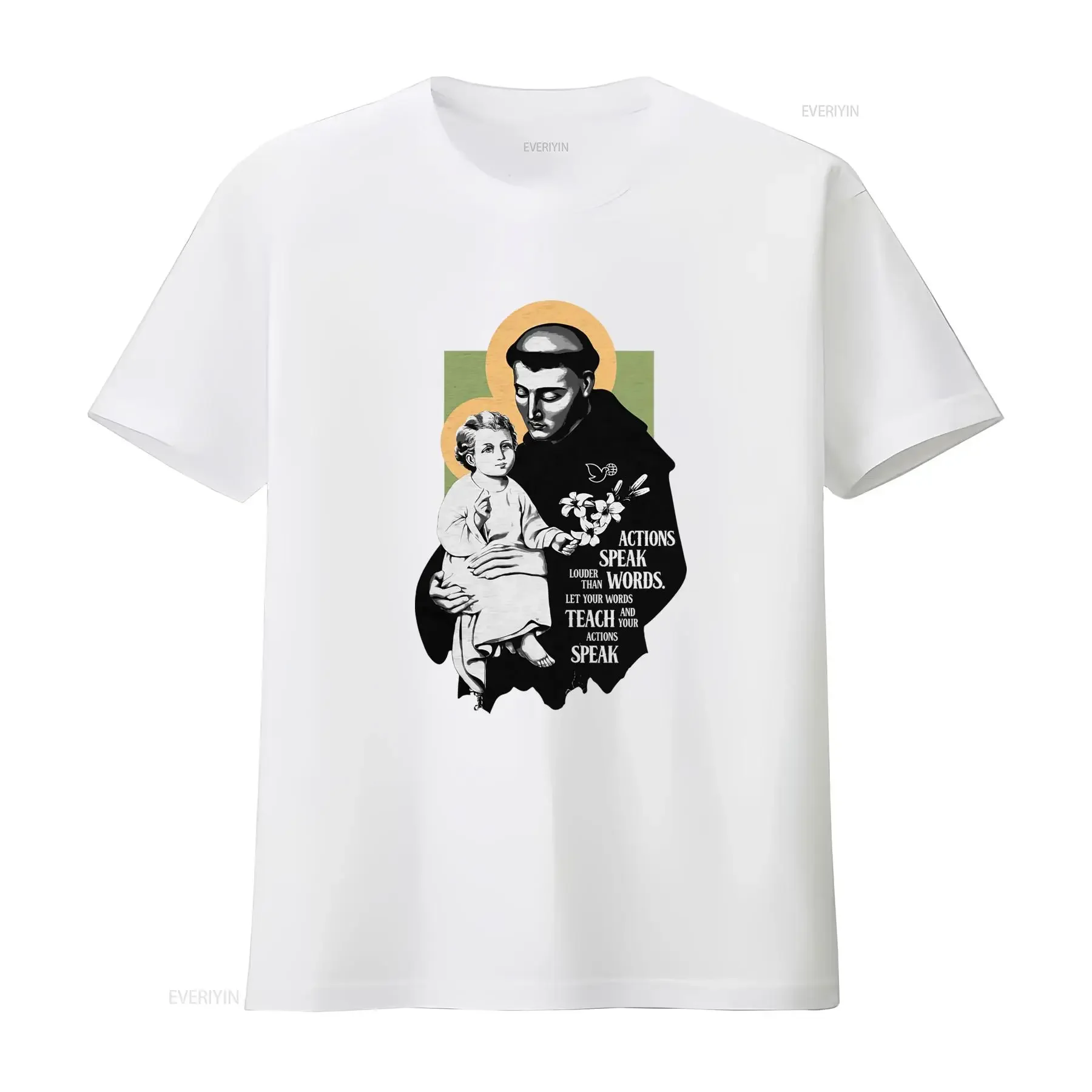 Vintage Catholic Saint Anthony Baby Jesus Slogan Print Casual T Shirt vintage Washed graphic Versatile Stylish designer clothes view 4