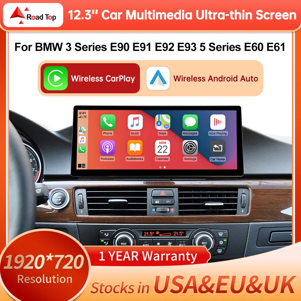 Pantalla táctil inalámbrica Carplay de 12.3'' para BMW Serie 3 E90 E91 E92 E93 Serie 5 E60 E61 Pantalla multimedia Android Auto Radio para coche 3