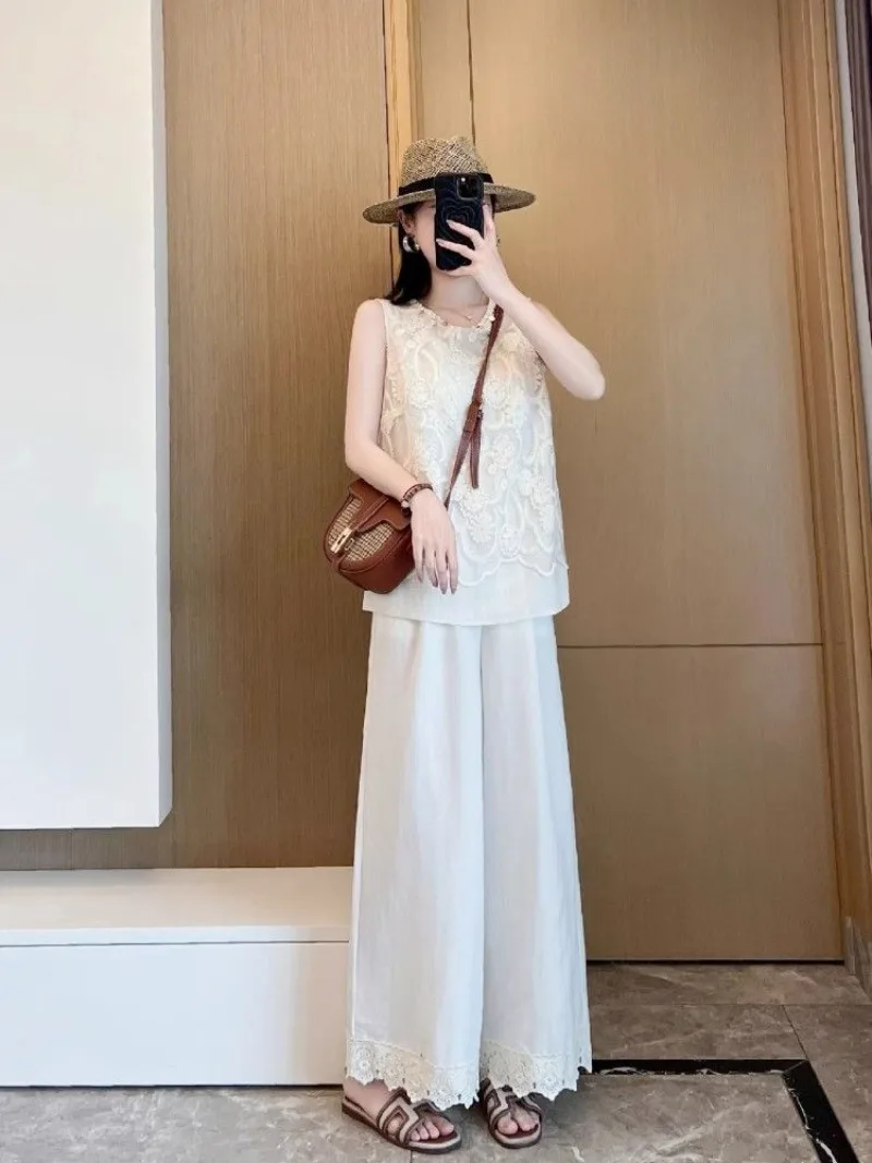 

New High End Lace Summer Lace Women's Suit French Fashion Sequin O-neck Sleeveless Casaul Vest Top +wide Leg Pants 2 Piece Set