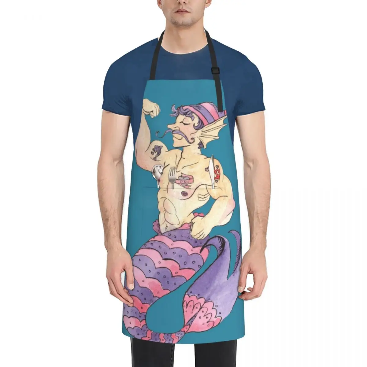 

MerMay Sailor Merman with Tattoos Watercolor Apron For Man Haircut Woman Kitchen kitchen and home Apron