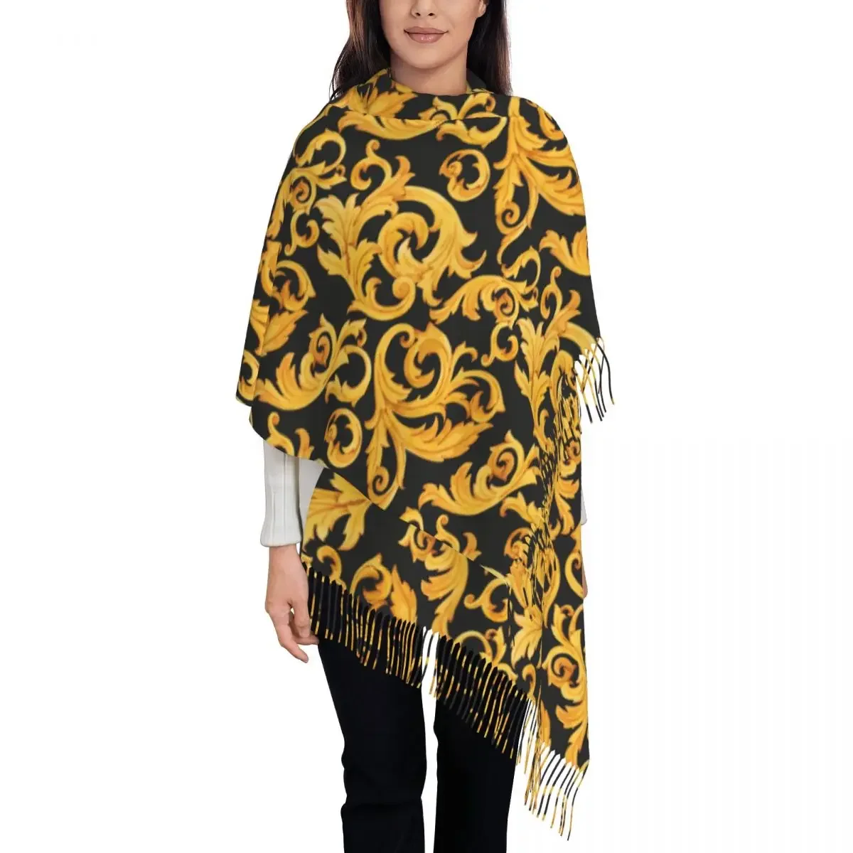 Watercolor Golden Baroque Pattern Rococo Ornament On A Background. Rich Luxury Print Women's Tassel Shawl Scarf Fashion 