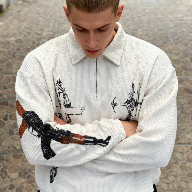 

Autumn and Winter New Polo Shirt Long Sleeve AK Printed Gothic Retro T-shirt Outdoor Trendy Wearing Top Hip Hop Top