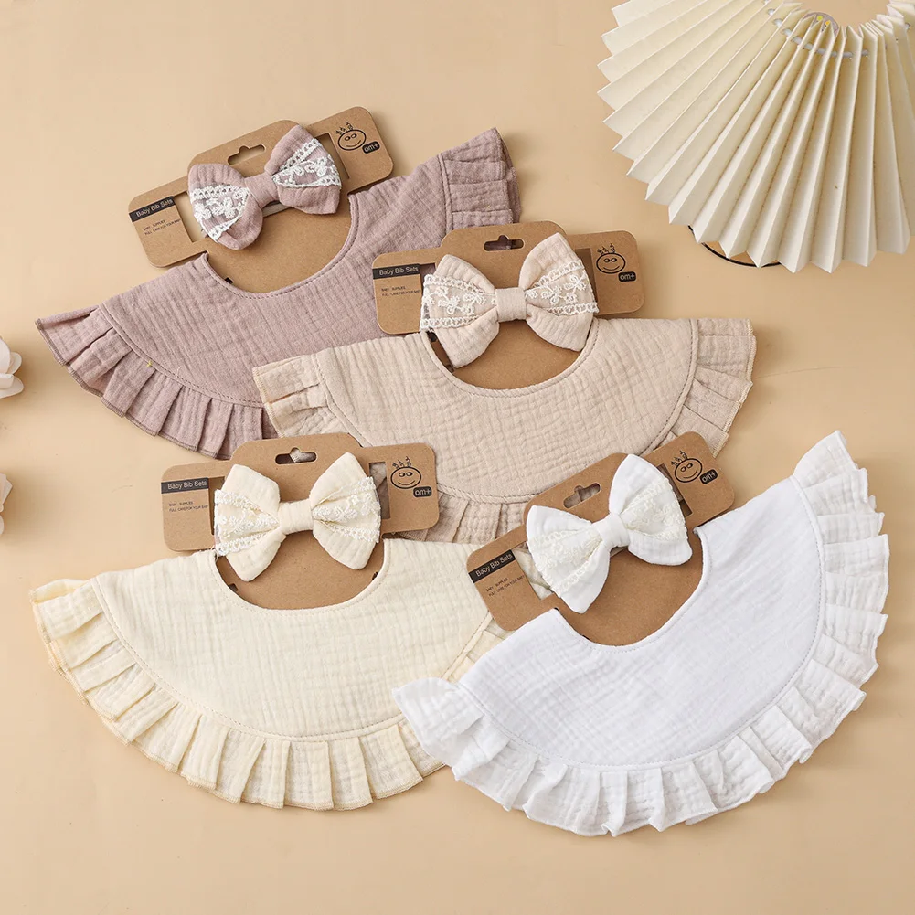 

2Pcs/Set Vintage Solid Baby Bibs with Elastic Nylon Hairbands Muslin Cotton Feeding Burp Cloths Infant Saliva Towel Kids Bananda