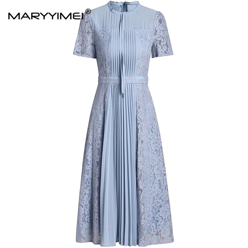 MARYYIMEI Fashion Women's New Summer Short-Sleeved Lace-Up Patchwork Elegant Embroidered Office Lady A-Line Pleated MIDI Dress