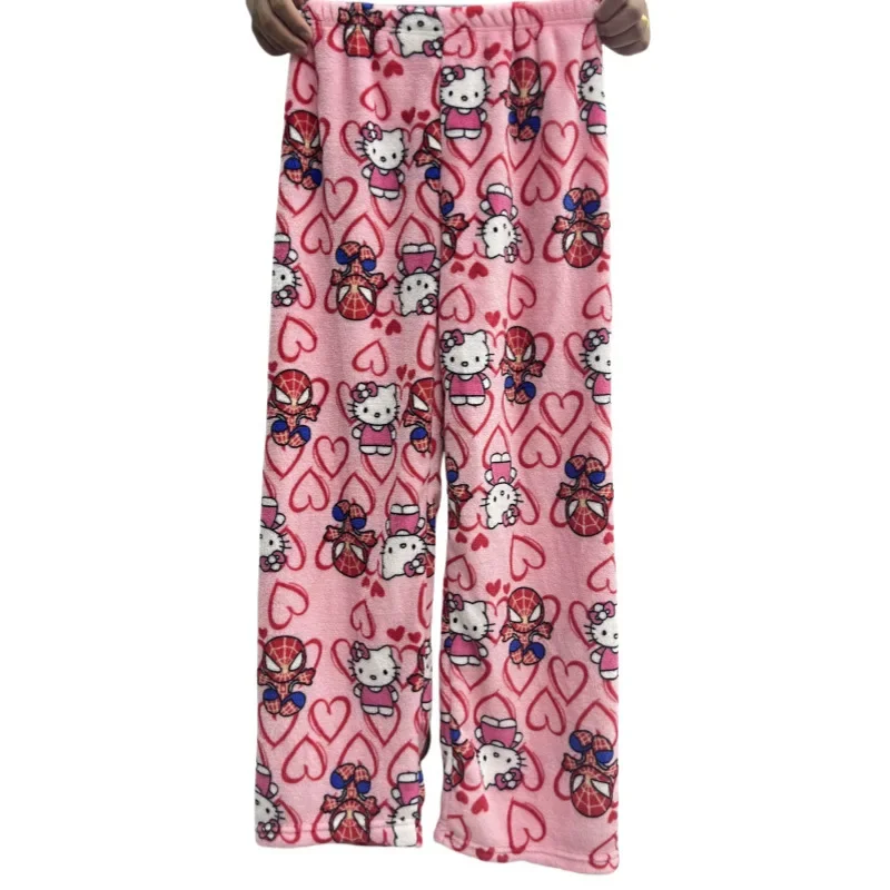 Sanrio Cute Flannel Pants for Women New Hello Kitty Kuromi Cinnamoroll Plush Trousers Girls Winter Warm Home Britches Adult Gift