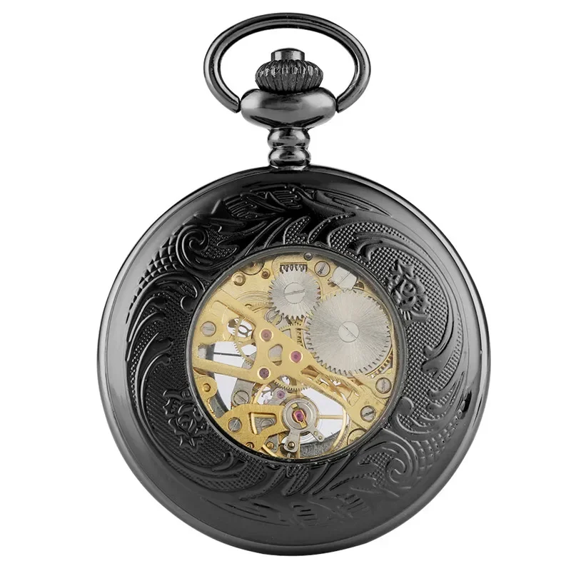 Vintage Black Hollow Flower Design Pocket Watch Retro Men Women Hand Winding Mechanical Pendant Watches FOB Chain Clock Gifts