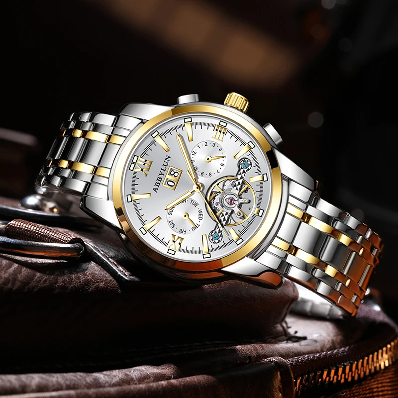 Abbylun 8051 Men\'s Mechanical Watch Automatic Multi-function Calendar Display Dial Date Waterproof Wristwatch for Male