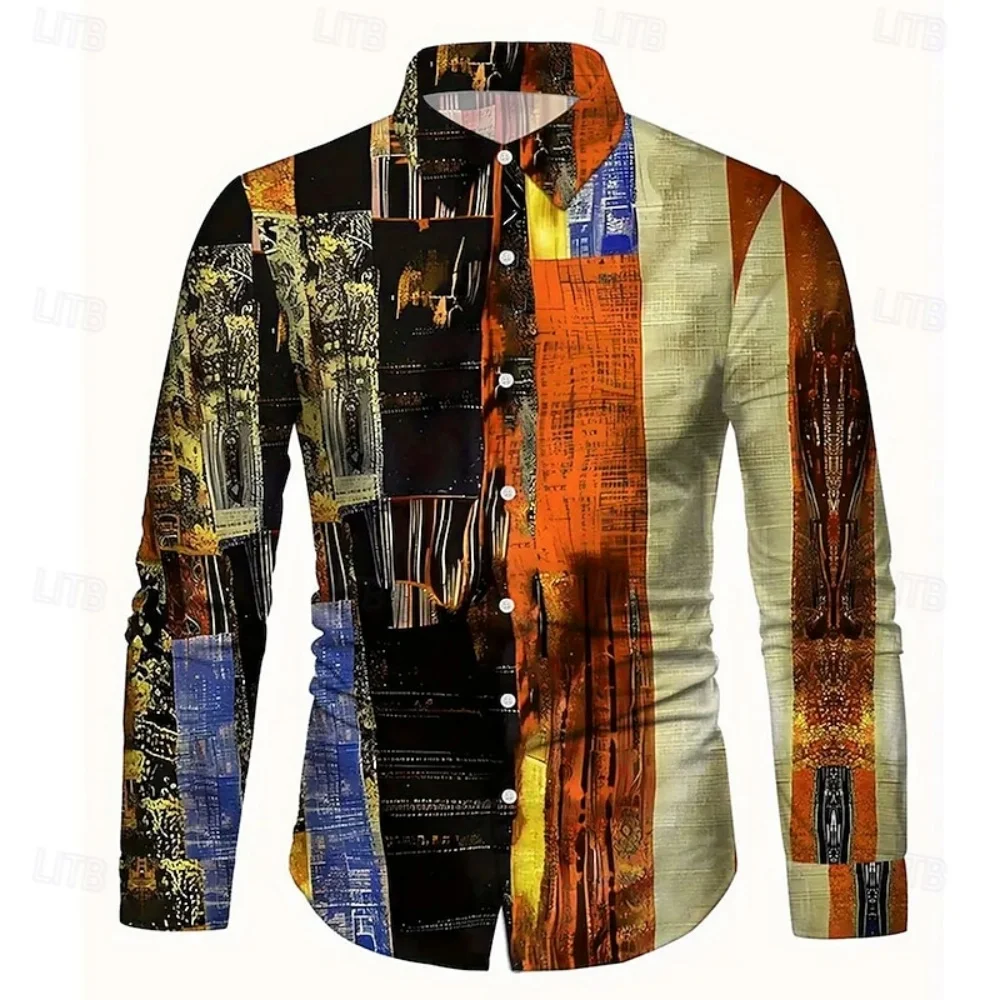 Nova camisa masculina de manga comprida com padrão de verificação geométrica, estilo casual, adequada para uso ao ar livre e de férias.