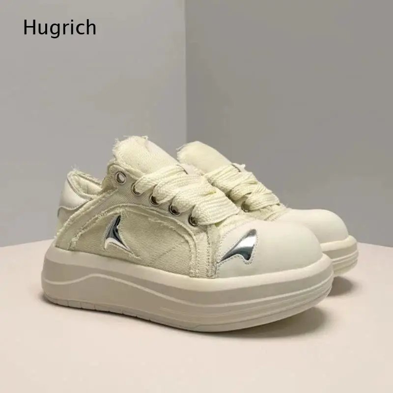 Frayed Edge Canvas Platform Sneakers Wide Laces Metal Decor Round Toe Multi Color Thick Sole Casual Shoes for Women