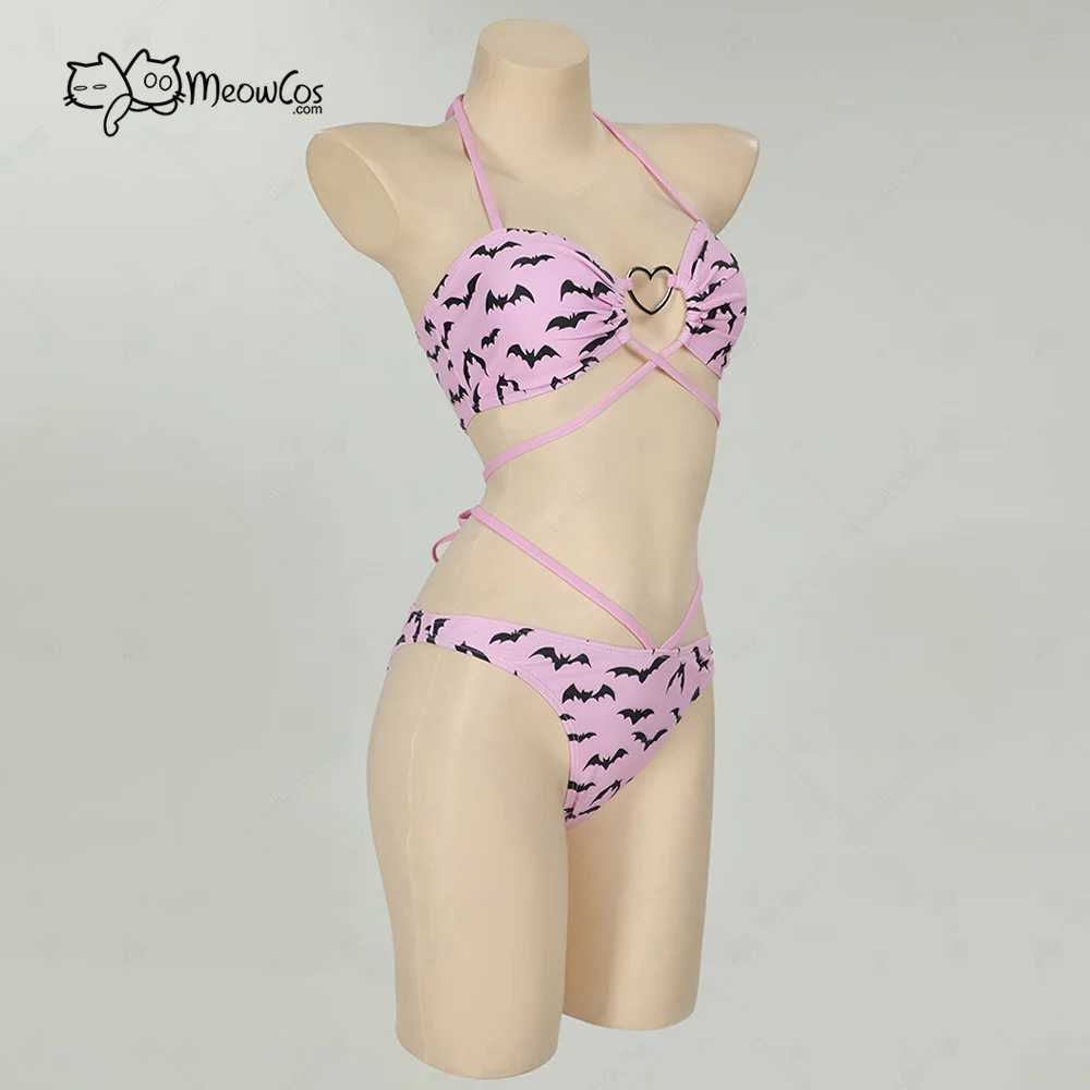MEOWCOS Women Gothic Bat Pink Bikini Set Swimsuit Heart Buckle Halter Lace-up Top and Triangle Panty Bathing Suit Swimwear