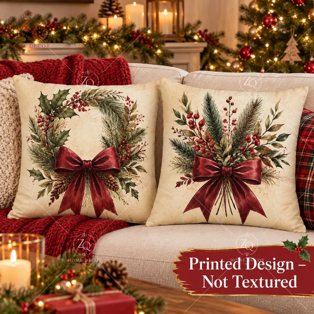 Vintage Christmas Pillow Cover 2D Flat Printed Peach Skin Throw Pillowcase Holly Berry Cushion Cover For Couch Sofa Home Decor