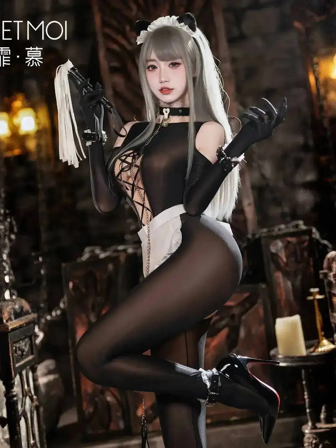 Feimu Hohl Spitze-up Offenen Schritt Glatte Body Maid Kostüm Uniform Sexy Frauen Strampler Kleidung Körper Anzüge Sexy Sheer 8SCA