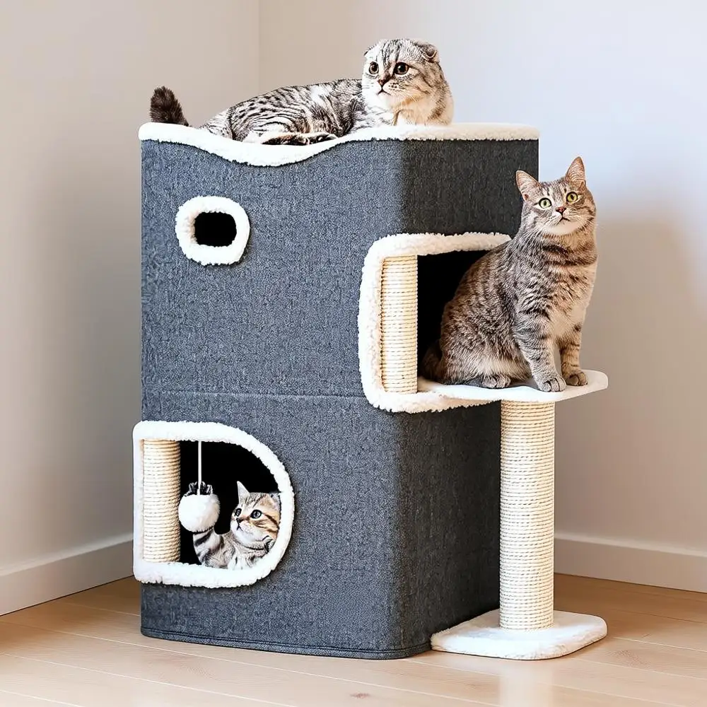 

2-Tier Cat House, Indoor Cat Cave Bed Playhouse, Cat Tunnels with Scratch Pad and Hideaway Cube, Cute Cat Condo Furniture for Mu