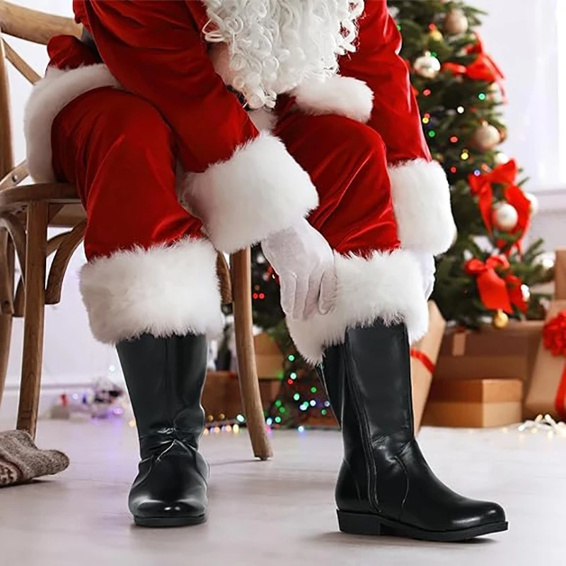 Christmas Santa Claus Boots Cosplay Black Leather Shoes White Plush Cuff Shoes Halloween Christmas Suitable For Men And Women