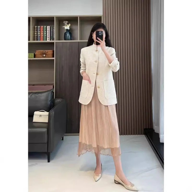 

Women 2024 Early Autumn New Chinese Style Linen Silk Blended New Chinese Style Linen Blazers