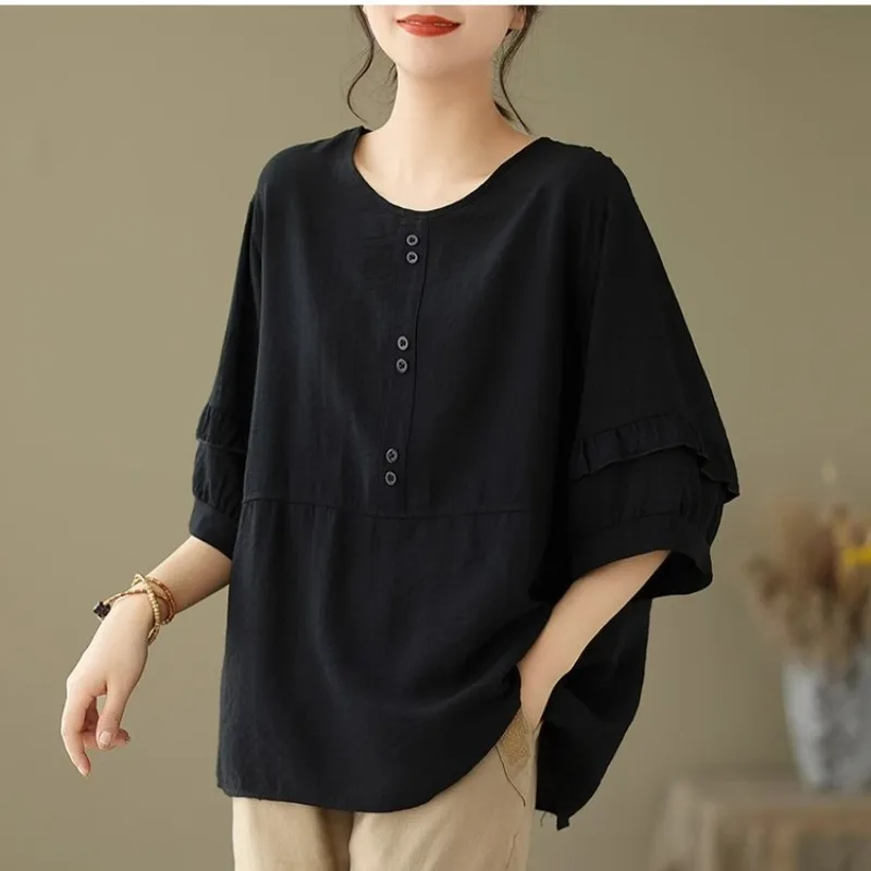 O-Neck Three Quarter Cotton Linen Comfortable Thin Top Large Size Female Clothing Summer Loose Elegant Solid Color Fashion Tees