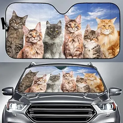 3D Adorable Maine Coon Team Blue Sky Pattern Car Sunshade, Car Window Sun Cover for Maine Coon Lover, Cat Mom Gift, Car Windshie